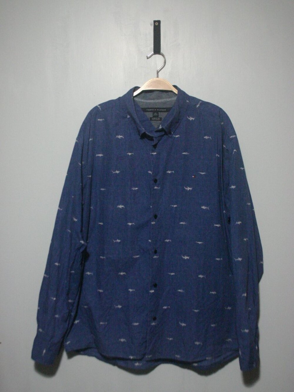 Tommy Hilfiger Chambray Shark Print Shirt Blue Casual Classic Fit XL